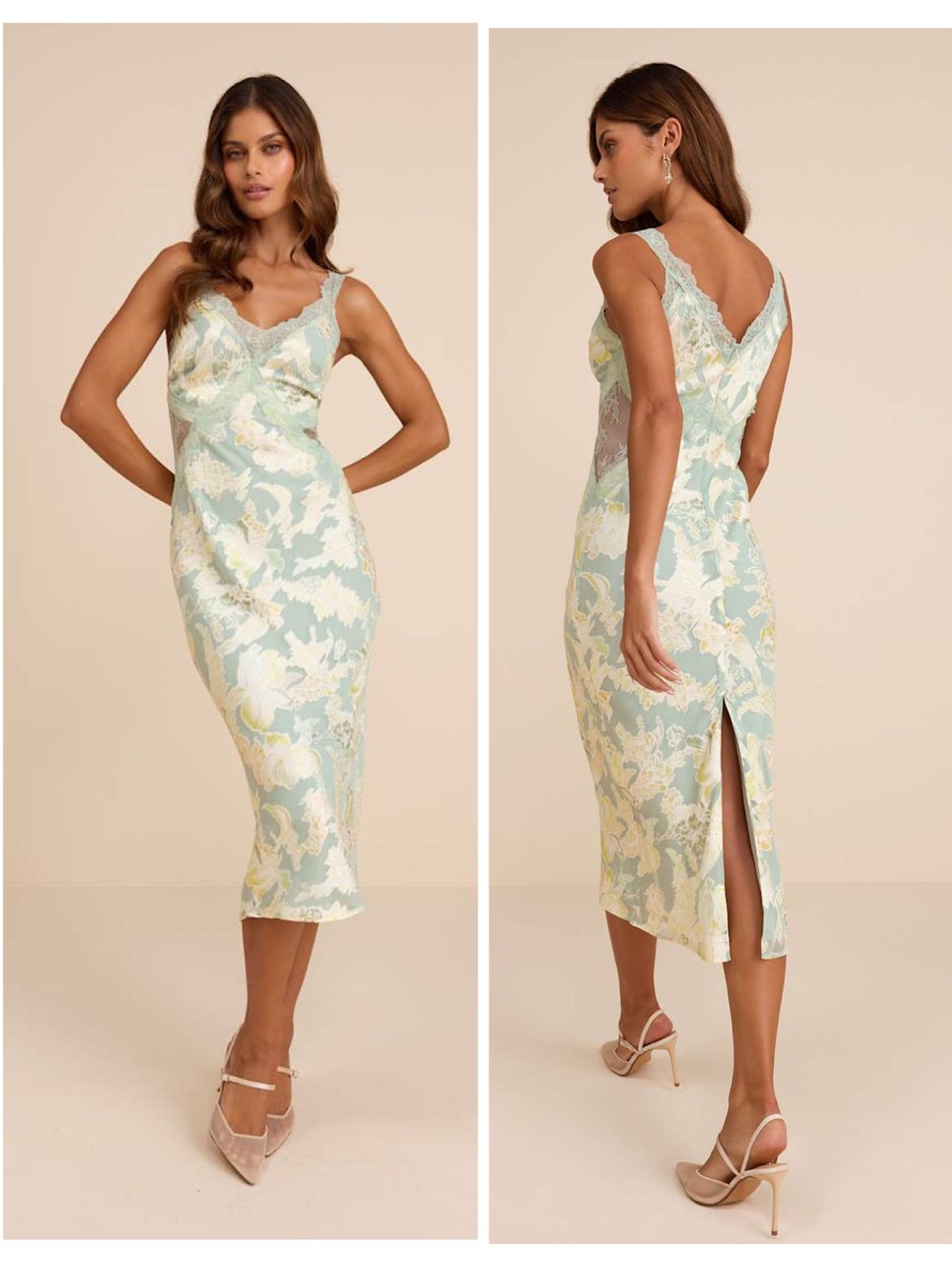 Lulus Mariposa Sage Floral Satin Lace Slip Midi Dress Size Medium NWT sleeveless